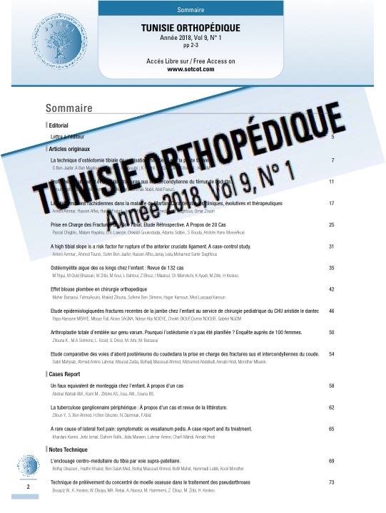 Dernier numéro de Tunisie Orthopédique 2018 vol 9 n°1